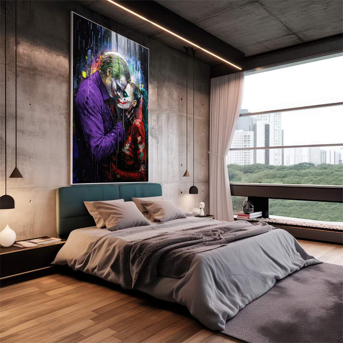 Quadro Decorativo Coringa e Alerquina na Chuva - Estilo e Cor para Sua Casa - quadros decorativos para sala 1 Tela Vertical, 3 Telas - em quarto contemporaneo