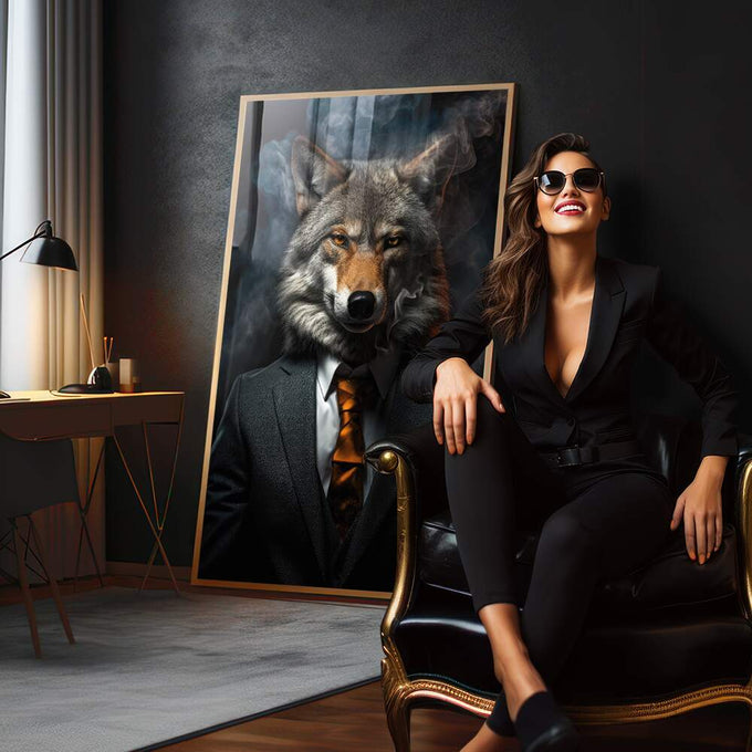 Quadro Decorativo Lobo Empresário - Sofisticação e Estilo para Sua Casa - quadros decorativos para sala 1 Tela Vertical, 3 Telas - em quarto contemporaneo