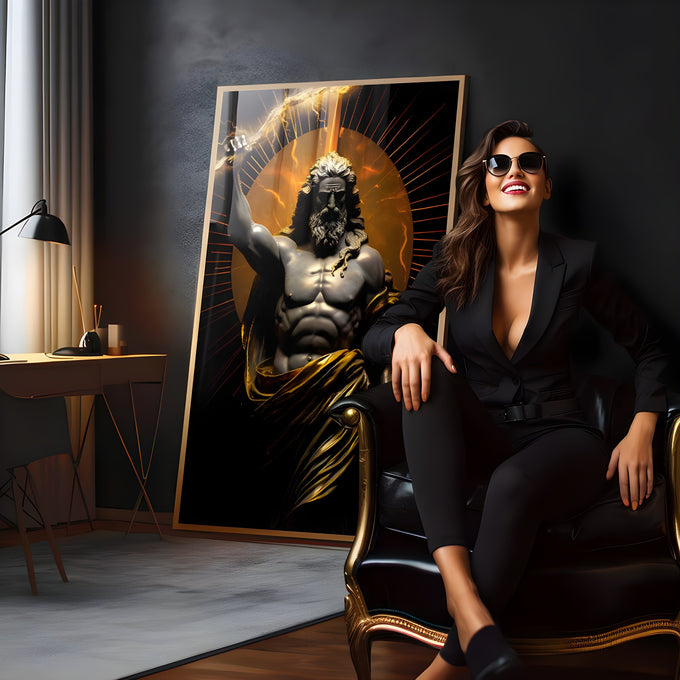 Estátua de Zeus musculoso erguendo raio com manto dourado e halo laranja em fundo preto, quadro decorativo