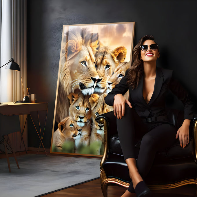 Família de leões com macho, leoa e quatro filhotes de rostos unidos sob céu dourado, quadro decorativo