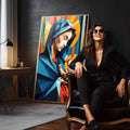 Quadro Decorativo Geométrico Maria e Jesus - Elegância e Sofisticação para Sua Decoração - quadros decorativos para sala 1 Tela Vertical, 3 Telas - em quarto contemporaneo