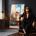 Rua de Paris com Torre Eiffel, carro vintage turquesa e mulher de vestido vermelho, quadro decorativo