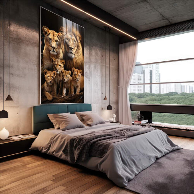 Quadro Decorativo Família de Leão com 4 Filhotes - Arte Sofisticada para Seu Lar - quadros decorativos para sala 1 Tela Vertical, 3 Telas - em quarto contemporaneo