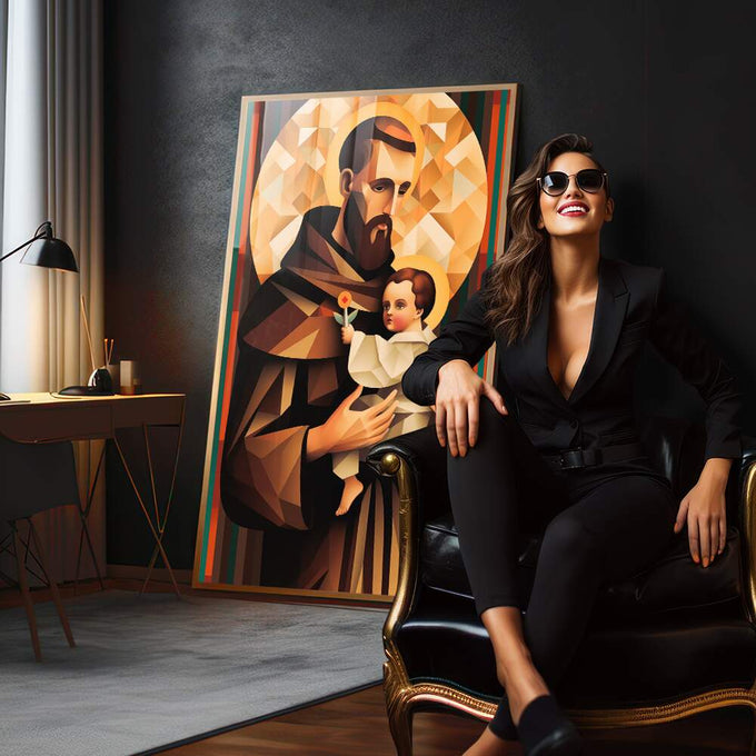 Quadro Decorativo Santo Antônio Geométrico - Sofisticação e Estilo para Seu Ambiente - quadros decorativos para sala 1 Tela Vertical, 3 Telas - em quarto contemporaneo