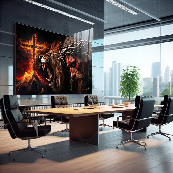 Quadro Decorativo Leão de Judá e Cristo - quadros decorativos para sala 1 Tela, 1 Tela Horizontal - em quarto contemporaneo