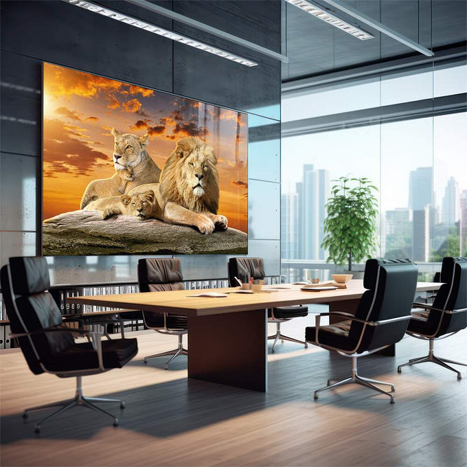 Quadro Decorativo Sofisticado: Família de Leões com Filhotes - quadros decorativos para sala 1 Tela, 1 Tela Horizontal - em quarto contemporaneo