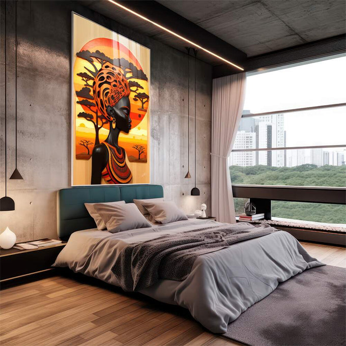Quadro Decorativo Étnico e Elegante Rainha Africana - quadros decorativos para sala 1 Tela Vertical, 3 Telas - em quarto contemporaneo