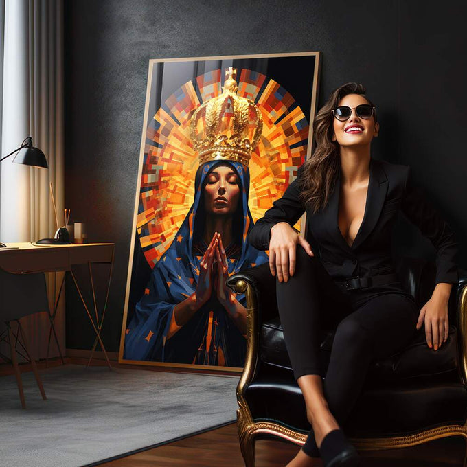 Quadro Decorativo Abstrato Nossa Senhora da Aparecida - Arte Sofisticada para sua Decoração - quadros decorativos para sala 1 Tela Vertical, 3 Telas - em quarto contemporaneo