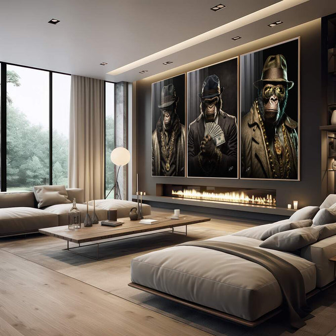 Quadro Decorativo Trio de Macacos Gangsteres - Estilo Único e Moderno - quadros decorativos para sala 1 Tela Vertical, 3 Telas - em quarto contemporaneo