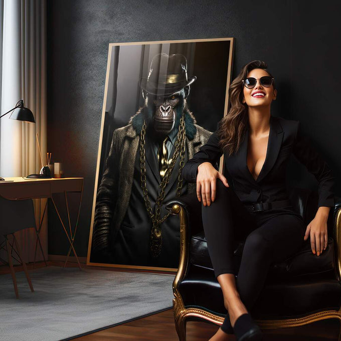 Quadro Decorativo Macaco Gangster 08 - Arte Premium para sua Casa - quadros decorativos para sala 1 Tela Vertical, 3 Telas - em quarto contemporaneo