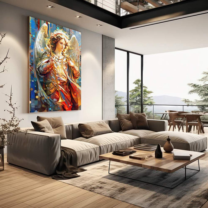 Quadro Decorativo Arcanjo Gabriel - Elegância em Tecido Canvas para a Sua Casa - quadros decorativos 1 Tela Vertical, 3 Telas - em escritorio elegante
