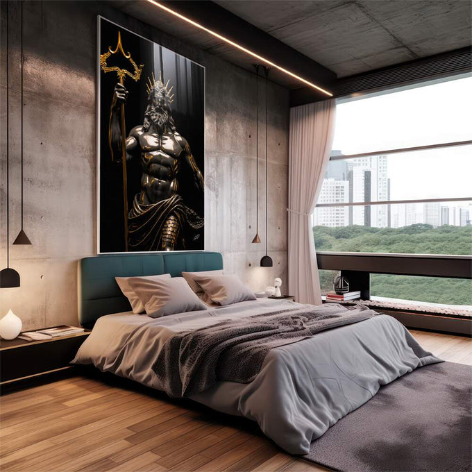 Quadro Decorativo Poseidon com Tridente - Arte Luxuosa para Sua Casa - quadros decorativos 1 Tela Vertical, 3 Telas - em escritorio elegante