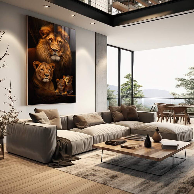 Quadro Decorativo Família de Leão com 2 Filhotes - Sofisticação e Estilo para Sua Decoração - quadros decorativos para sala 1 Tela Vertical, 3 Telas - em quarto contemporaneo