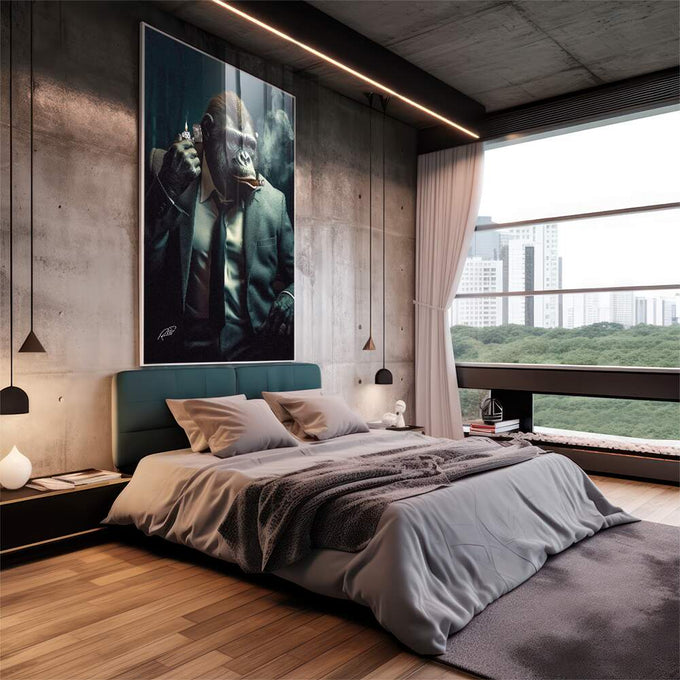 Quadro Decorativo Macaco Executivo - Arte Exclusiva para Pintar seu Espaço com Estilo - quadros decorativos 1 Tela Vertical, 3 Telas - em escritorio elegante