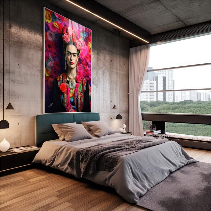 Quadro Decorativo Frida 02 - Estilo Vibrante em Tecido Canvas - quadros decorativos 1 Tela Vertical, 3 Telas - em escritorio elegante