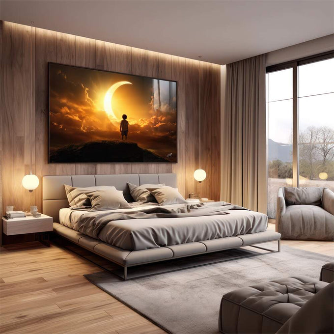 Quadro Decorativo Menino Sonhador: Lua ao Pôr do Sol - Arte Elegante para sua Decoração - quadros decorativos 1 Tela, 1 Tela Horizontal - em escritorio elegante