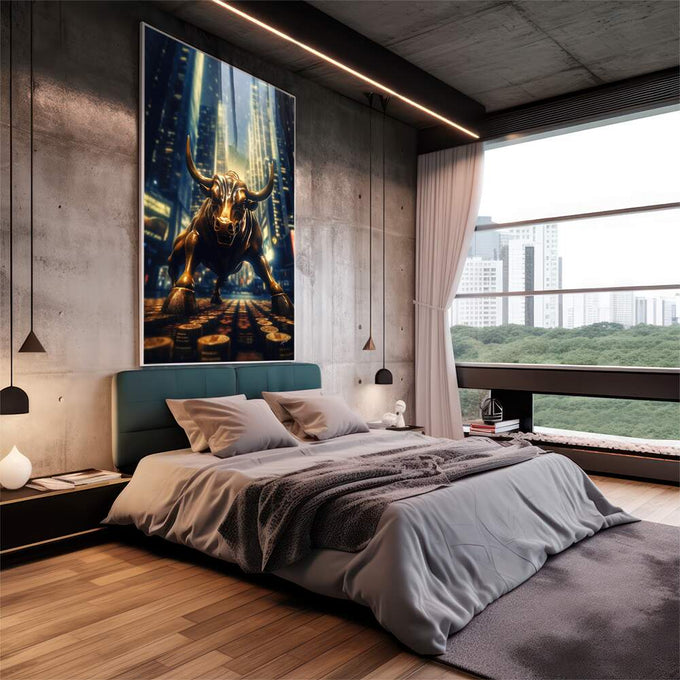 Quadro Decorativo Touro Financeiro - Arte Moderna para Inspiração e Sofisticação - quadros decorativos 1 Tela Vertical, 3 Telas - em escritorio elegante