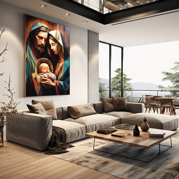 Quadro Decorativo Moderno Família Santa Geométrico - Design Sofisticado para sua Casa - quadros decorativos 1 Tela Vertical, 3 Telas - em escritorio elegante