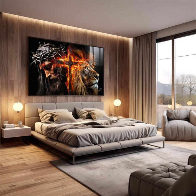 Quadro Decorativo Família de Judá: Cruz em Chamas - Arte com Significado e Estilo - quadros decorativos 1 Tela, 1 Tela Horizontal - em escritorio elegante