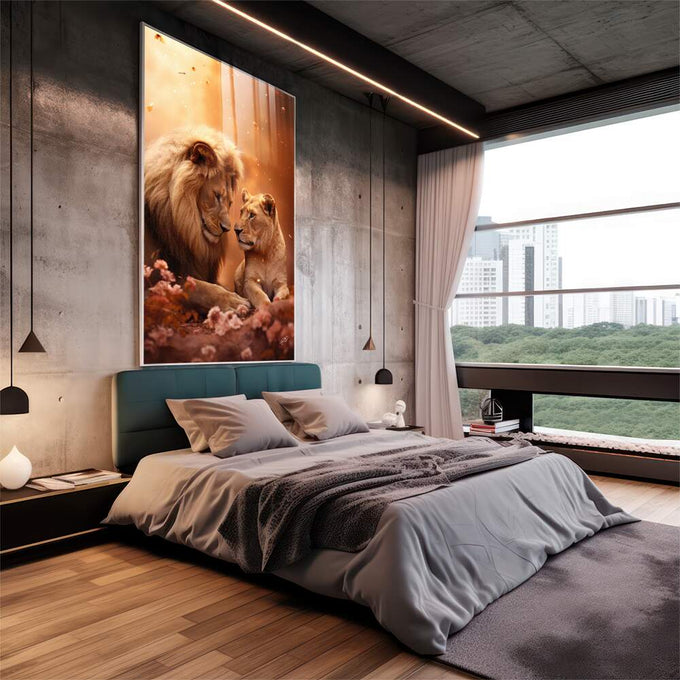 Quadro Decorativo Casal de Leões - Arte Sofisticada para sua Casa - quadros decorativos 1 Tela Vertical, 3 Telas - em escritorio elegante