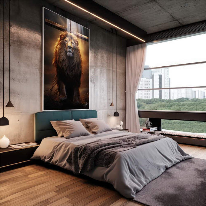 Quadro Decorativo Leão e Cruz - Arte Elegante para Transformar seu Espaço - quadros decorativos 1 Tela Vertical, 3 Telas - em escritorio elegante