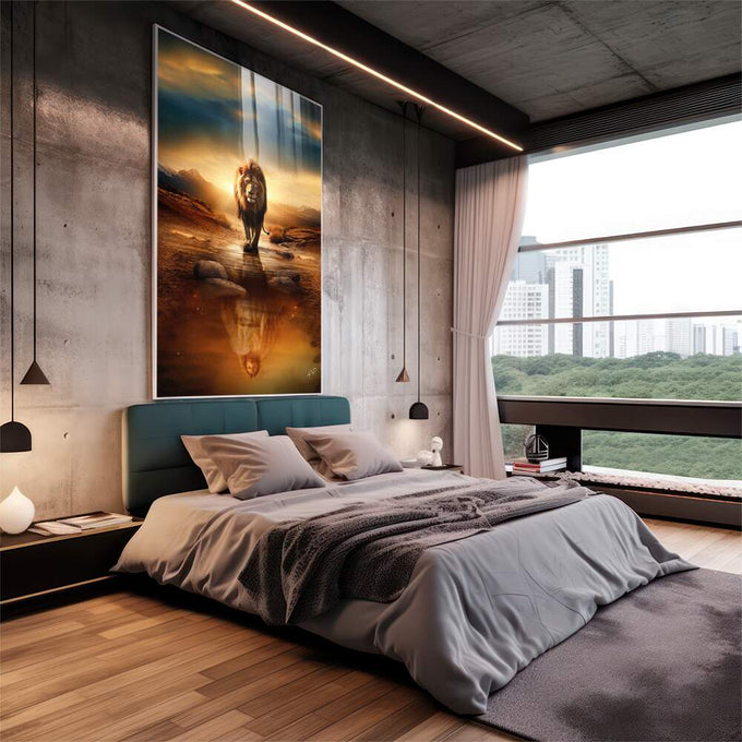 Quadro Decorativo Leão e Jesus - Sofisticação e Inspiração para Sua Decoração - quadros decorativos 1 Tela Vertical, 3 Telas - em escritorio elegante
