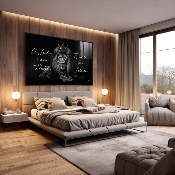 Quadro Decorativo Leão - O Senhor é Meu Pastor em Canvas Premium - quadros decorativos 1 Tela, 1 Tela Horizontal - em escritorio elegante