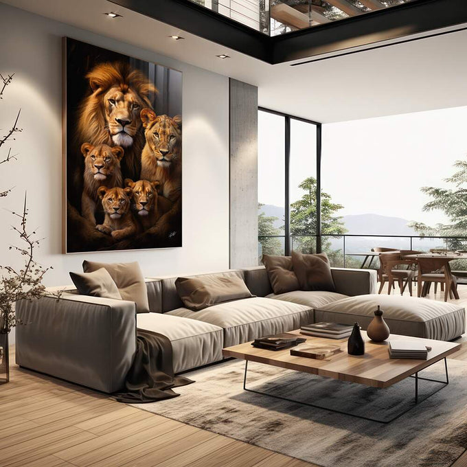 Quadro Decorativo Família de Leão com 3 Filhotes - quadros decorativos 1 Tela Vertical, 3 Telas - em escritorio elegante