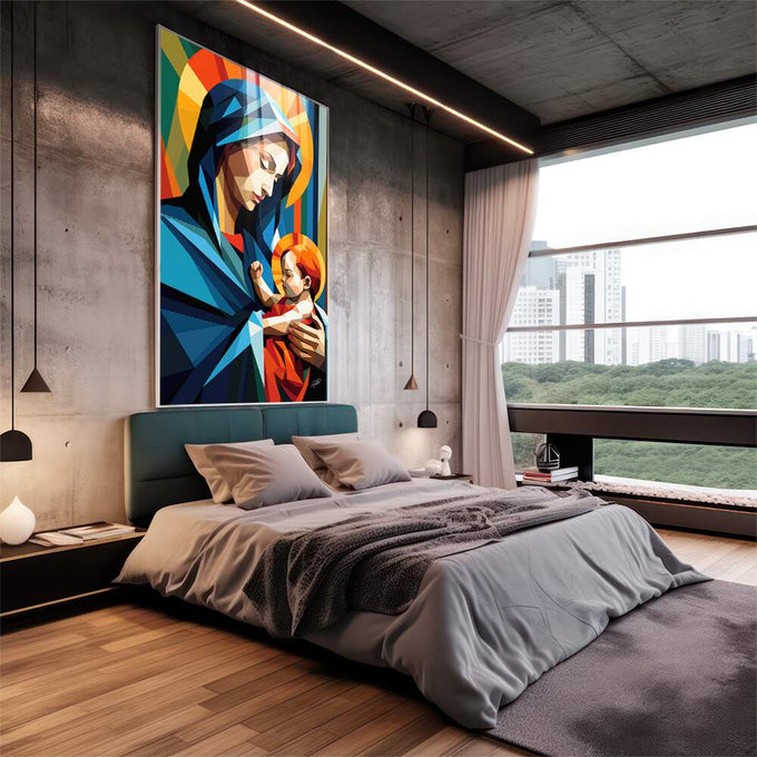Quadro Decorativo Geométrico Maria e Jesus - Elegância e Sofisticação para Sua Decoração - quadros decorativos 1 Tela Vertical, 3 Telas - em escritorio elegante