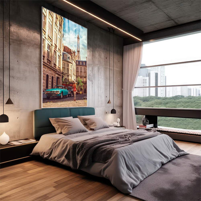 Quadro Decorativo Girl on the Street com Torre Eiffel - Arte Minimalista para Seu Ambiente - quadros decorativos 1 Tela Vertical, 3 Telas - em escritorio elegante