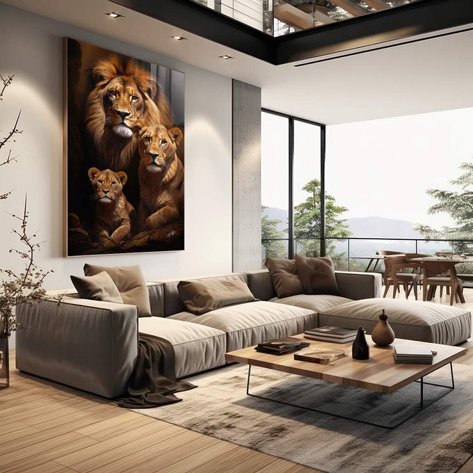 Quadro Decorativo Família de Leão com Filhote - Elegância e Sofisticação para sua Casa - quadros decorativos 1 Tela Vertical, 3 Telas - em sala moderna