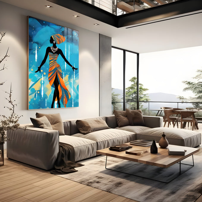 Silhueta de mulher negra africana com turbante e vestido estampado laranja em fundo azul, quadro decorativo