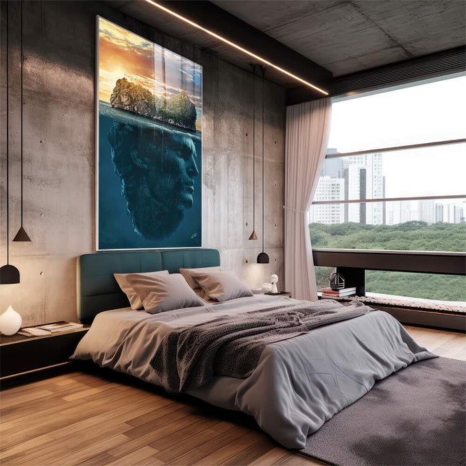 Quadro Decorativo Ilha com Cabeça - Estilo Sofisticado para Ambientes Modernos - quadros decorativos 1 Tela Vertical, 3 Telas - em escritorio elegante