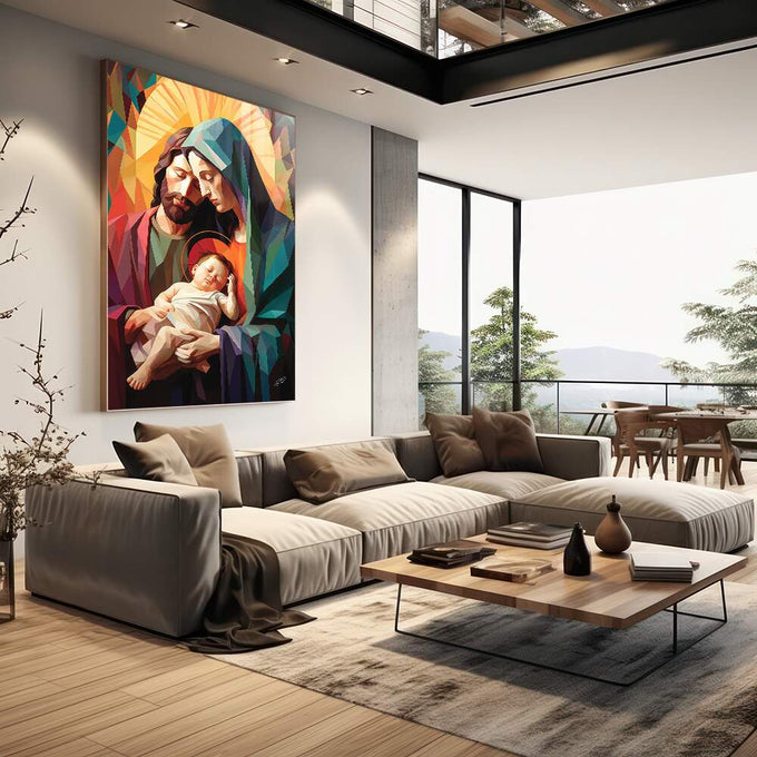 Quadro Decorativo Família Divina Geométrico - Estilo Sofisticado para Sua Casa - quadros decorativos 1 Tela Vertical, 3 Telas - em sala moderna