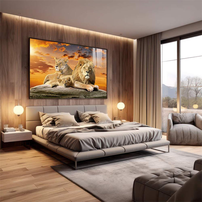 Quadro Decorativo Sofisticado: Família de Leões com Filhotes - quadros decorativos 1 Tela, 1 Tela Horizontal - em escritorio elegante