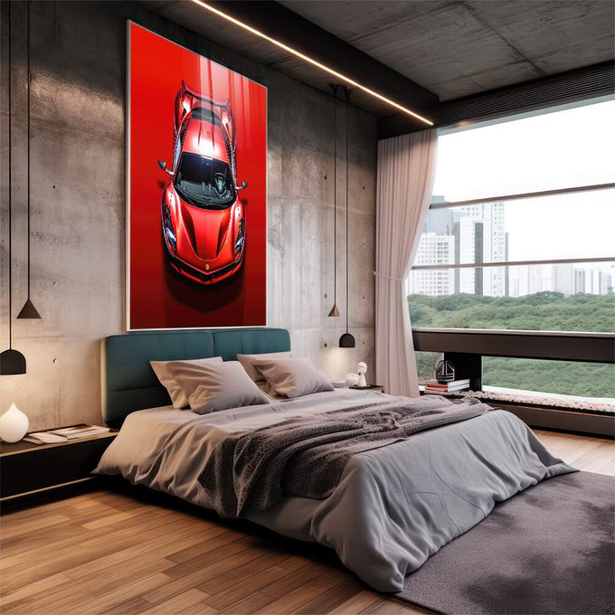 Quadro Decorativo Carro Ferrari F8 - Elegância e Estilo para sua Casa - quadros decorativos 1 Tela Vertical, 3 Telas - em escritorio elegante