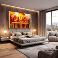 Santa Ceia em estilo geométrico com Jesus e apóstolos em vermelho, laranja e amarelo, quadro decorativo