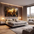 Quadro Decorativo Touro de Wall Street Dourado - Elegância e Prosperidade para Sua Decoração - quadros decorativos 1 Tela, 1 Tela Horizontal - em escritorio elegante