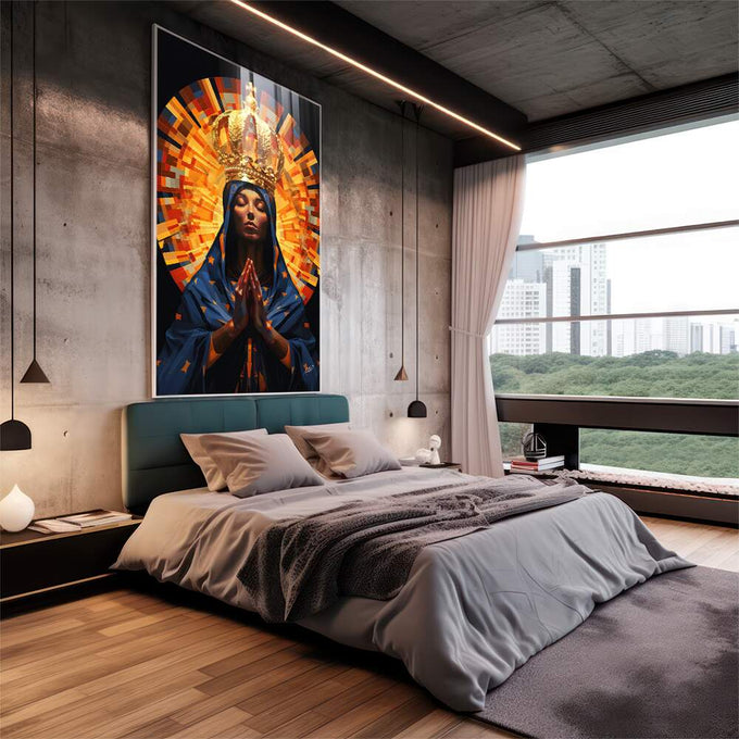 Quadro Decorativo Abstrato Nossa Senhora da Aparecida - Arte Sofisticada para sua Decoração - quadros decorativos 1 Tela Vertical, 3 Telas - em escritorio elegante