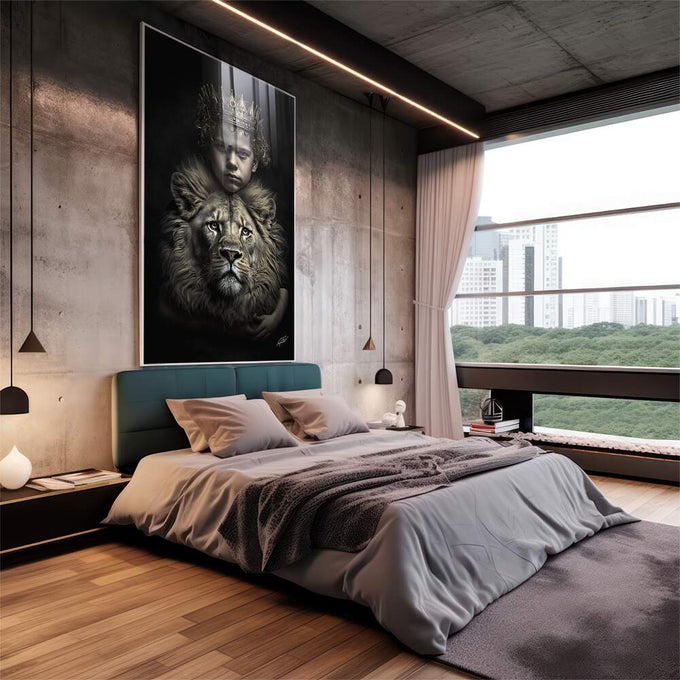 Quadro Decorativo Premium Boy Crown com Leão - Elevando sua Decoração - quadros decorativos 1 Tela Vertical, 3 Telas - em escritorio elegante