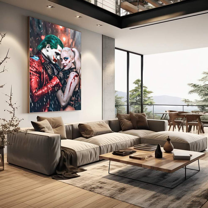 Quadro Decorativo Coringa e Arlequina Colorido: Arte Moderna em Tela Premium - quadros decorativos 1 Tela Vertical, 3 Telas - em escritorio elegante