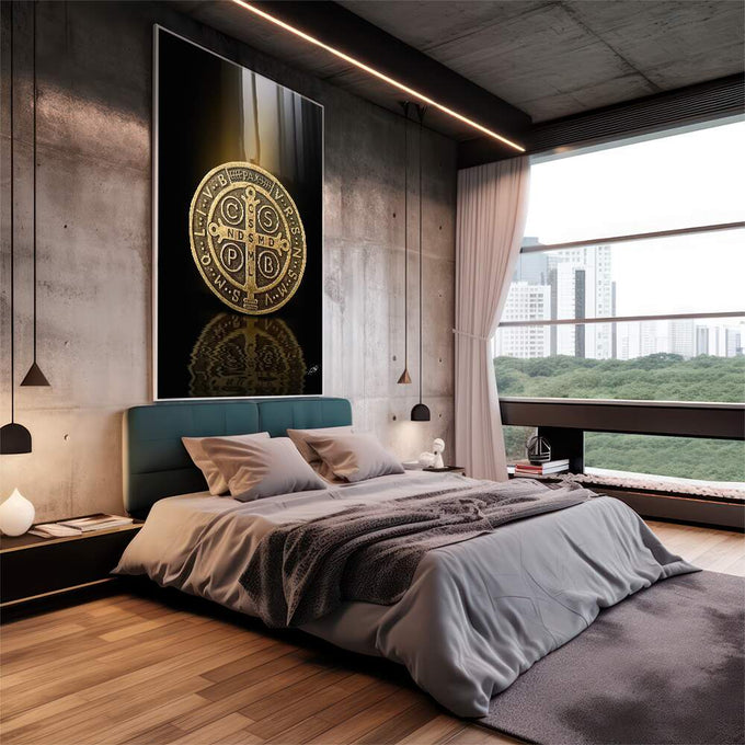 Quadro Decorativo Medalha de São Bento - Elegância e Tradição em Tecido Canvas - quadros decorativos 1 Tela Vertical, 3 Telas - em escritorio elegante