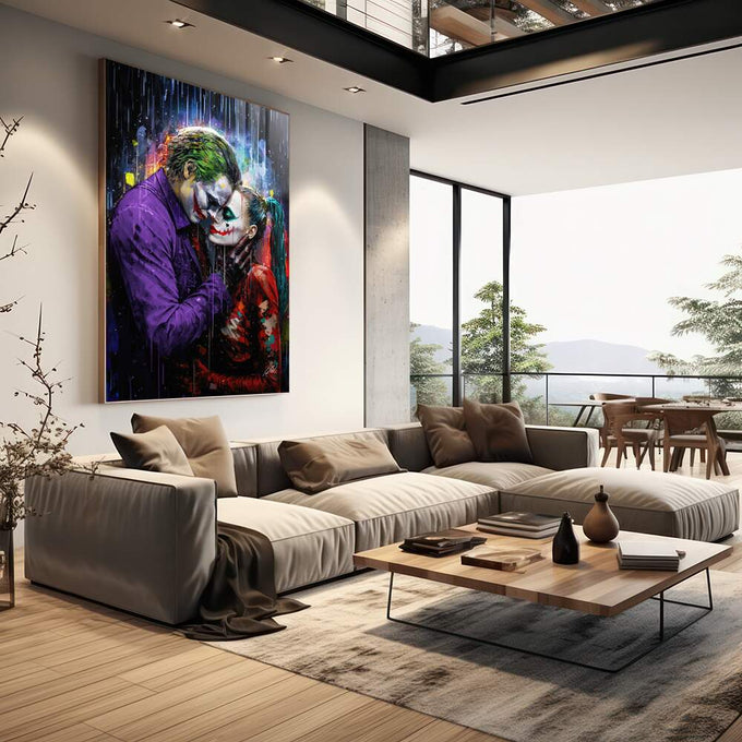 Quadro Decorativo Coringa e Alerquina na Chuva - Estilo e Cor para Sua Casa - quadros decorativos 1 Tela Vertical, 3 Telas - em escritorio elegante