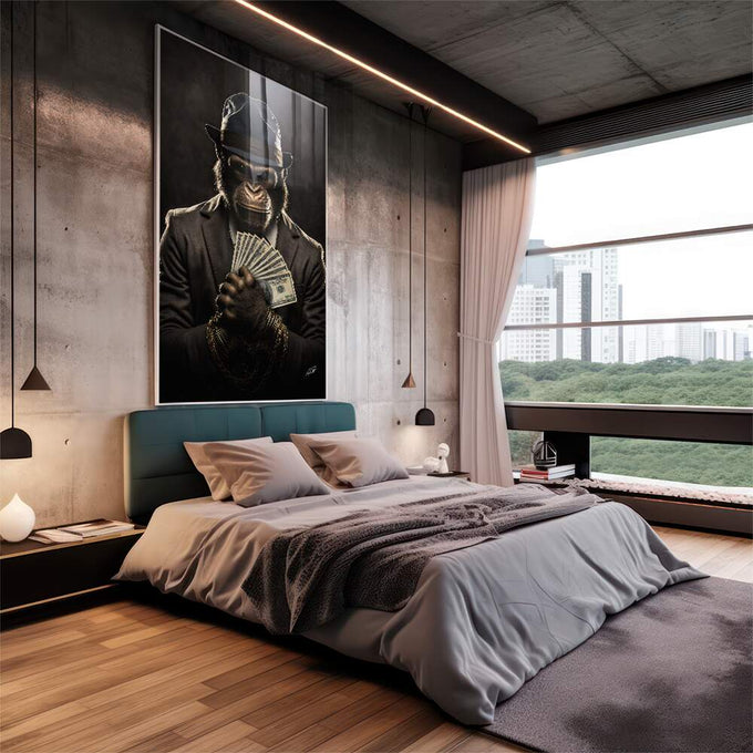 Quadro Decorativo Macaco Gangster - Estilo Urbano para sua Decoração - quadros decorativos 1 Tela Vertical, 3 Telas - em escritorio elegante