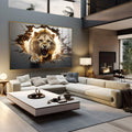 Leão dourado rugindo saltando de parede cinza rachada com luz ao fundo em efeito 3D, quadro decorativo