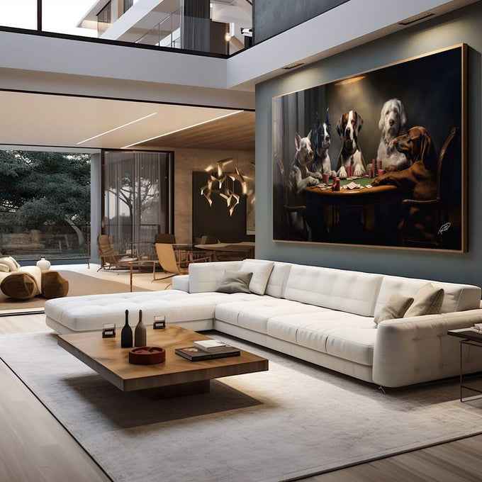 Quadro Decorativo Cachorros Jogando Poker  Arte Divertida e Elegante para Sua Decoração - quadros decorativos para sala 1 Tela, 1 Tela Horizontal - em living room premium