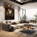 Quadro Decorativo Leão Real com Coroa e Flores - quadros decorativos para sala 1 Tela Vertical, 3 Telas - em living room premium