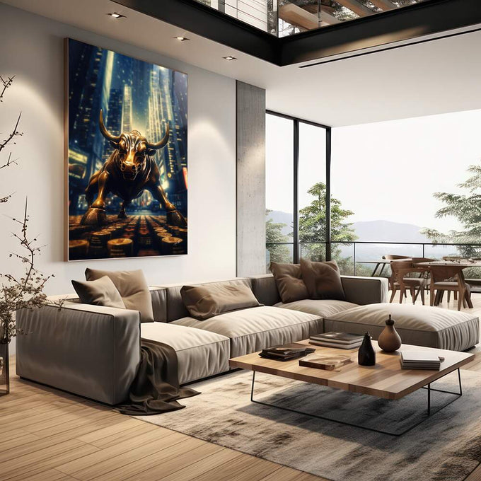 Quadro Decorativo Touro Financeiro - Arte Moderna para Inspiração e Sofisticação - quadros decorativos para sala 1 Tela Vertical, 3 Telas - em living room premium