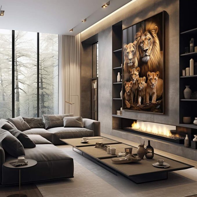 Quadro Decorativo Família de Leão com 4 Filhotes - Arte Sofisticada para Seu Lar - quadros decorativos para sala 1 Tela Vertical, 3 Telas - em living room premium