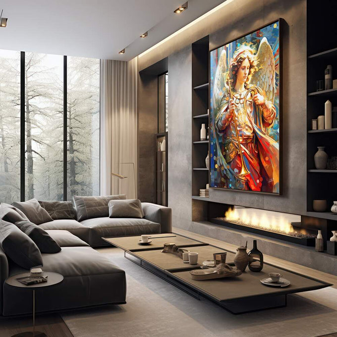 Quadro Decorativo Arcanjo Gabriel - Elegância em Tecido Canvas para a Sua Casa - quadros decorativos para sala 1 Tela Vertical, 3 Telas - em living room premium